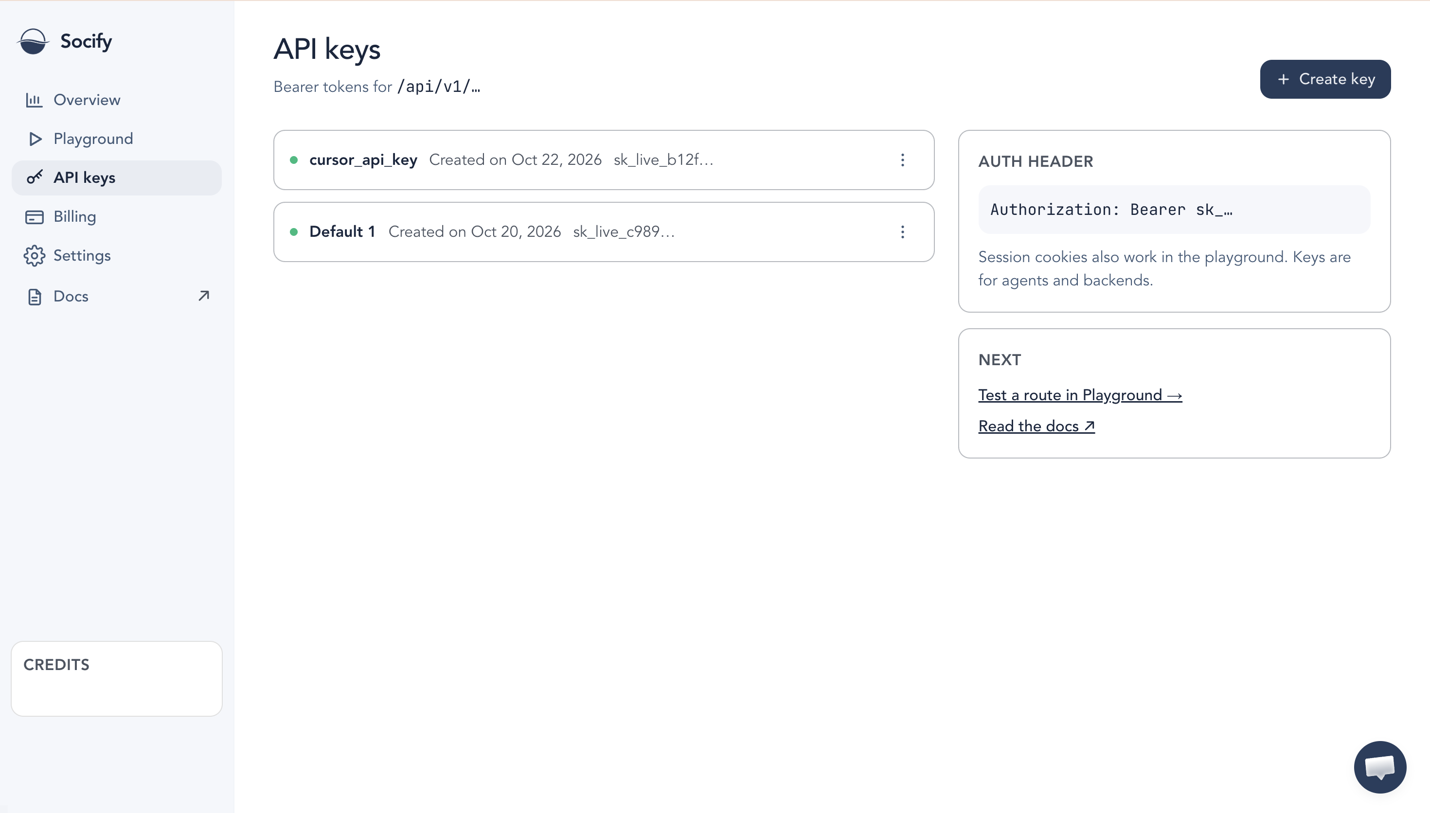 Socify dashboard API keys page with Create key button and Bearer auth hint