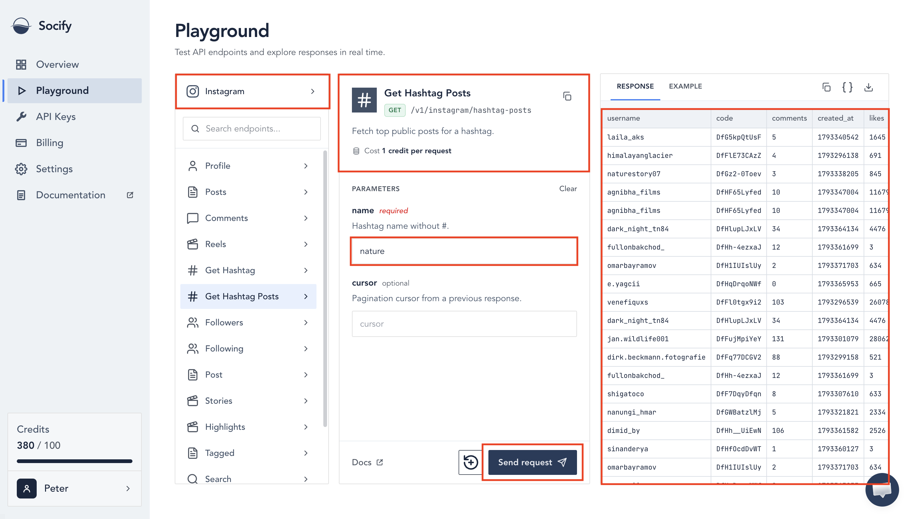 Socify Playground with Get Hashtag Posts selected and name set to nature