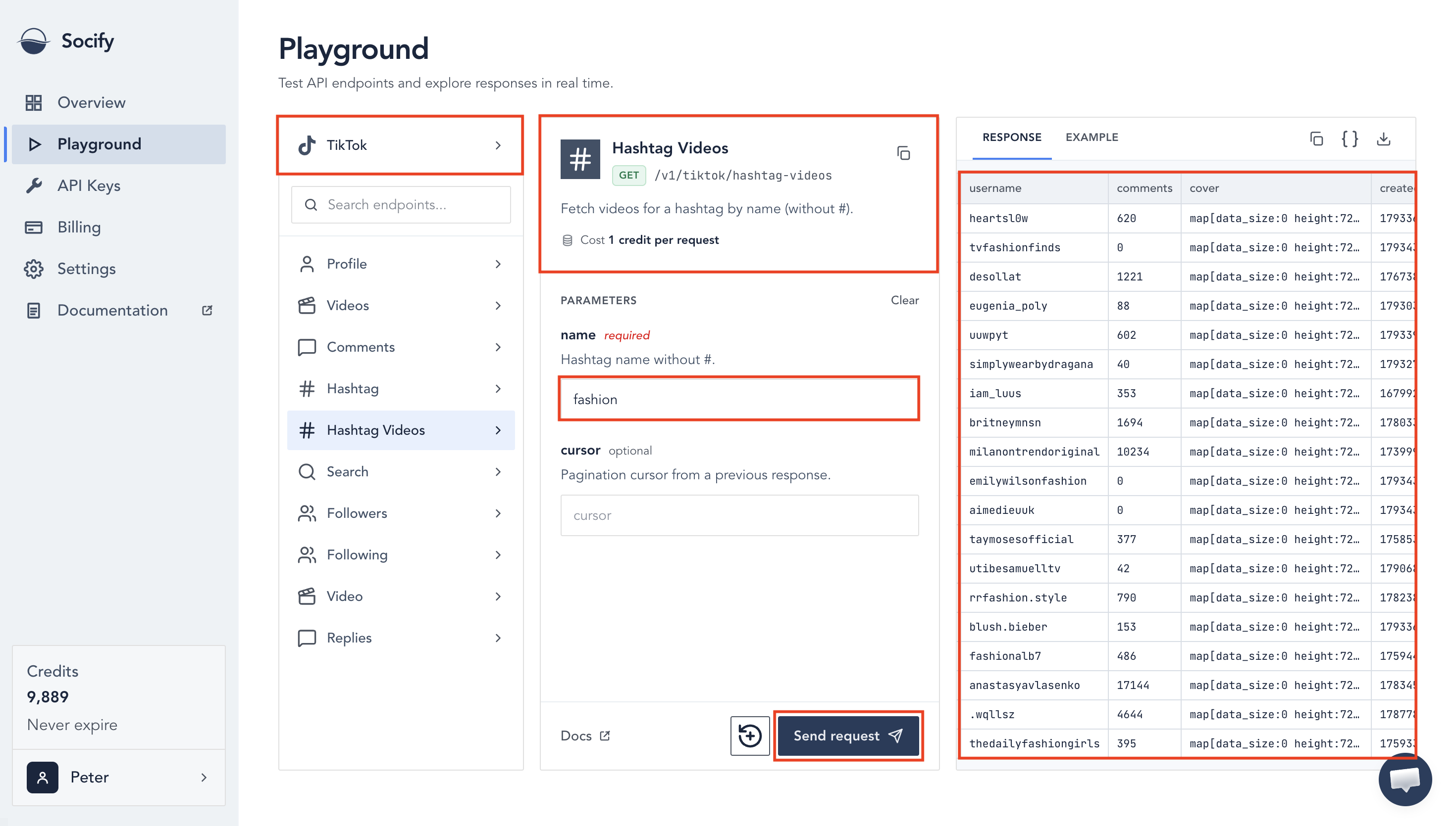 Dashboard playground showing Get Hashtag Videos for TikTok with fashion as the query