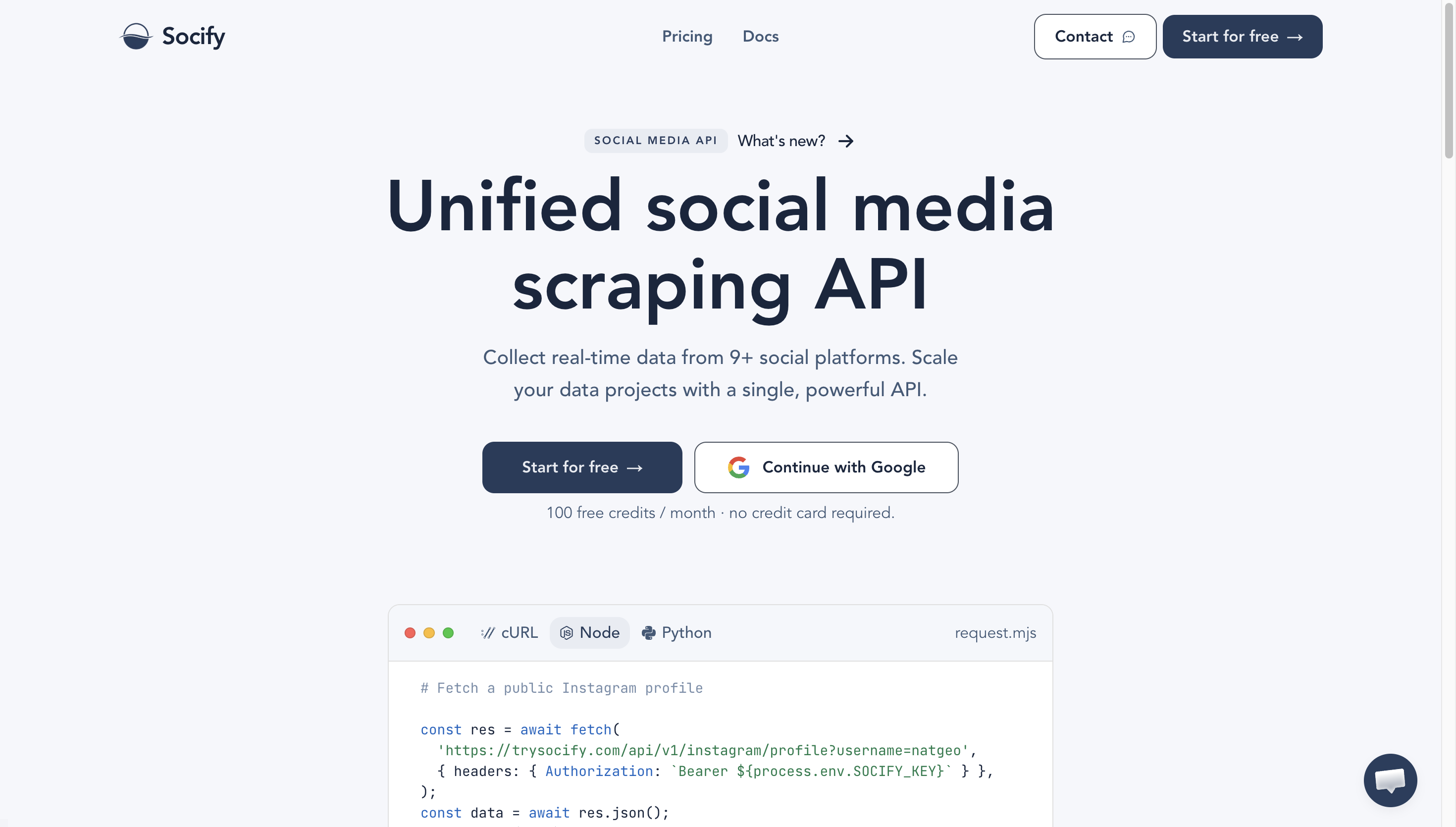 Socify landing page with unified social media scraping API headline and code sample