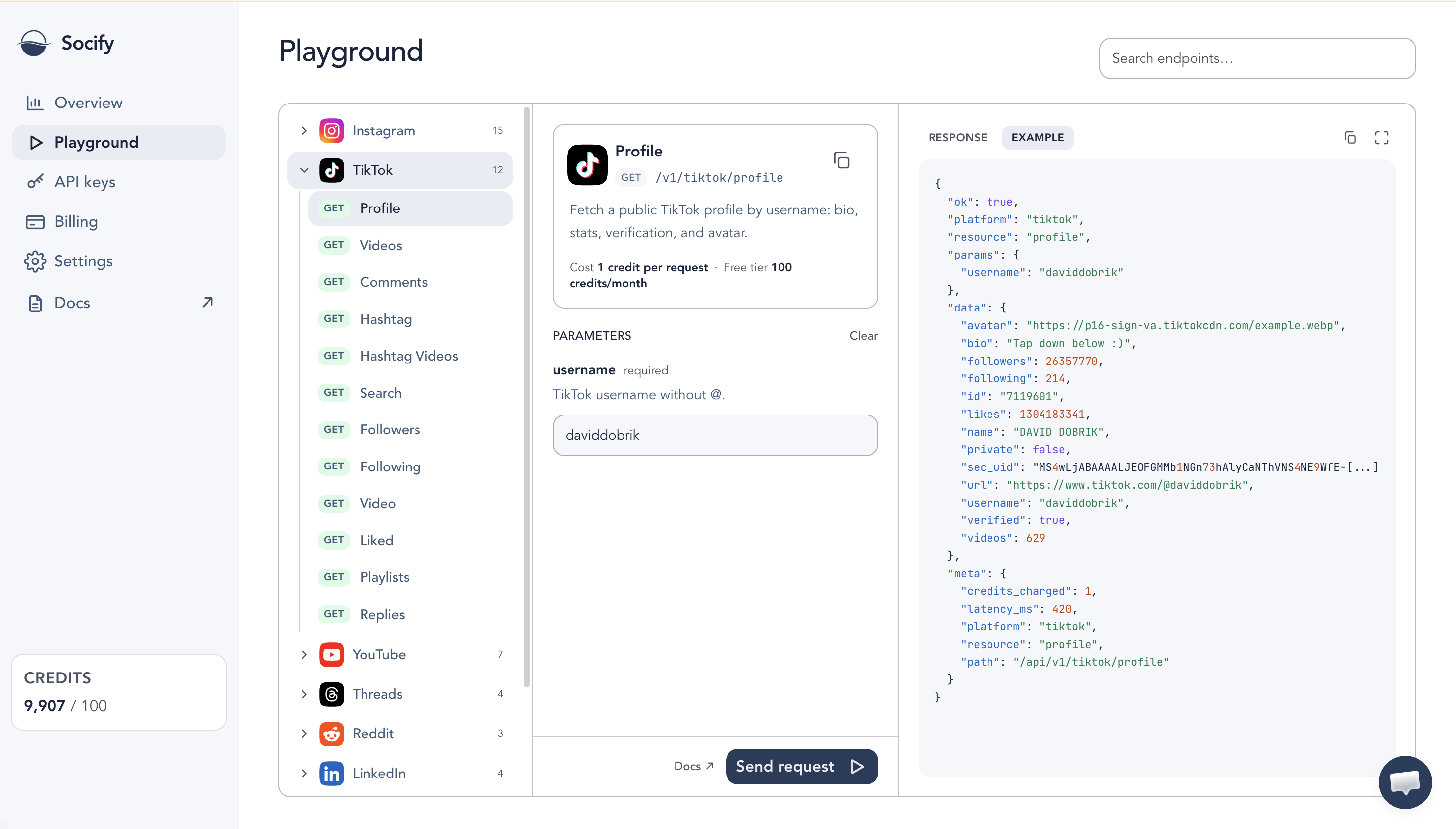 Socify playground showing GET /v1/tiktok/profile for daviddobrik with JSON response